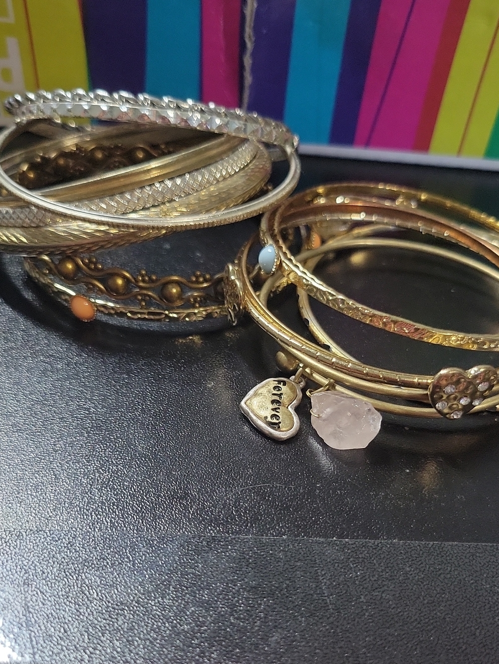 Gold Tone Stackable Bangle Bracelet Set with Charm